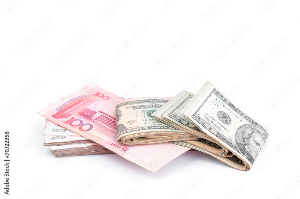 Dollar USA and RMB Chinese on white background. Dollar USA and RMB Chinese on white background.