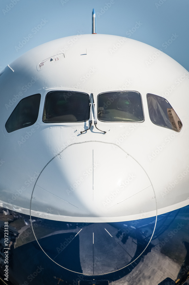 closeup of a passenger jet nose cone