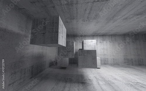 Abstract concrete 3d interior with flying cubes. Wide angle #70723799