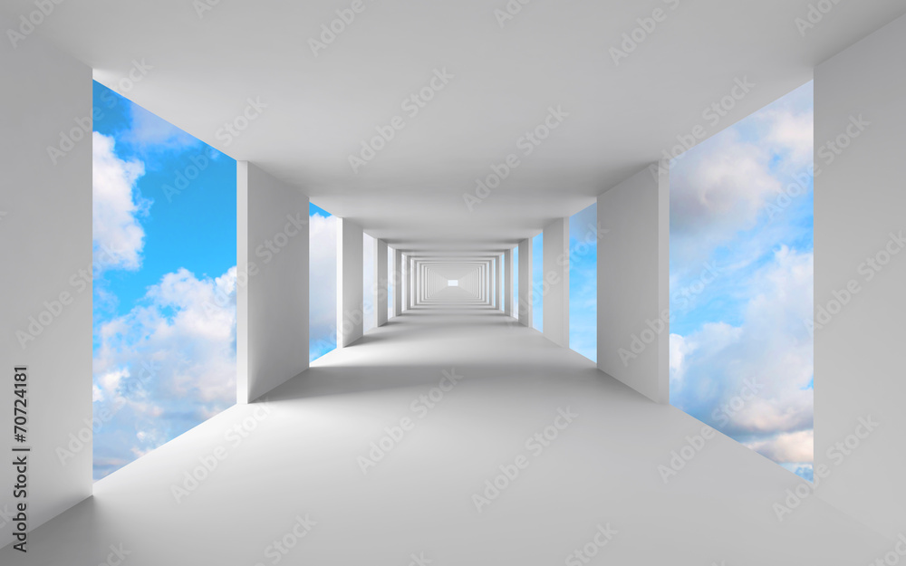 Fototapeta premium Abstrakcjonistyczna 3d architektura, pusty biały korytarz z niebem