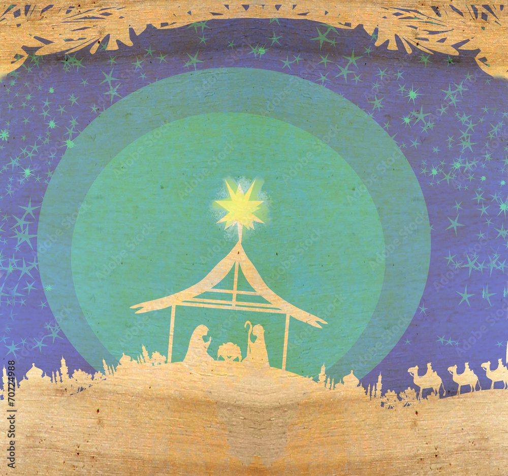 Biblical scene - birth of Jesus in Bethlehem. - obrazy, fototapety, plakaty 