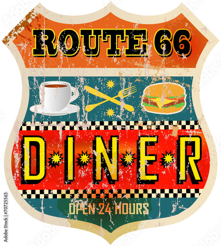 route sixty six diner sign, retro style, vector illustration