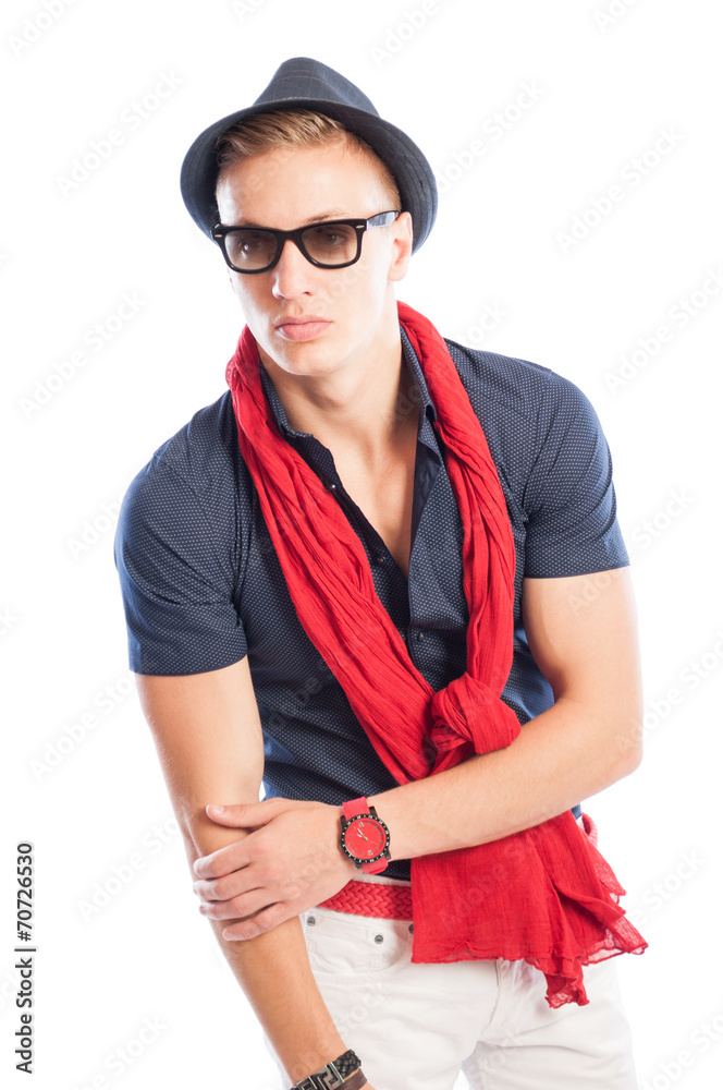 Hat and sunglasses with blue shirt and red scarf and watch. Hat and sunglasses with blue shirt and red scarf and watch.