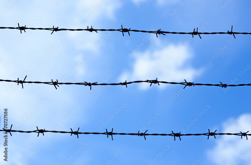Barbed wire fence against blue sky and cloud Barbed wire fence against blue sky and cloud