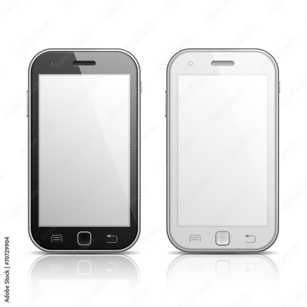 Black and white mobile phones with blank screens. Black and white mobile phones with blank screens.