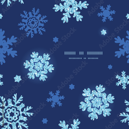Vector glitter snowflakes dark circle frame seamless pattern
