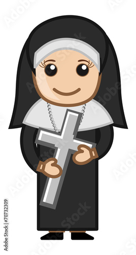 Nun Holding Holy Cross - Vector Cartoon Illustration