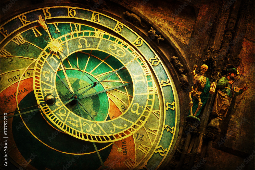 astronomische Uhr am Rathaus in Prag mit nostalgischer Textur