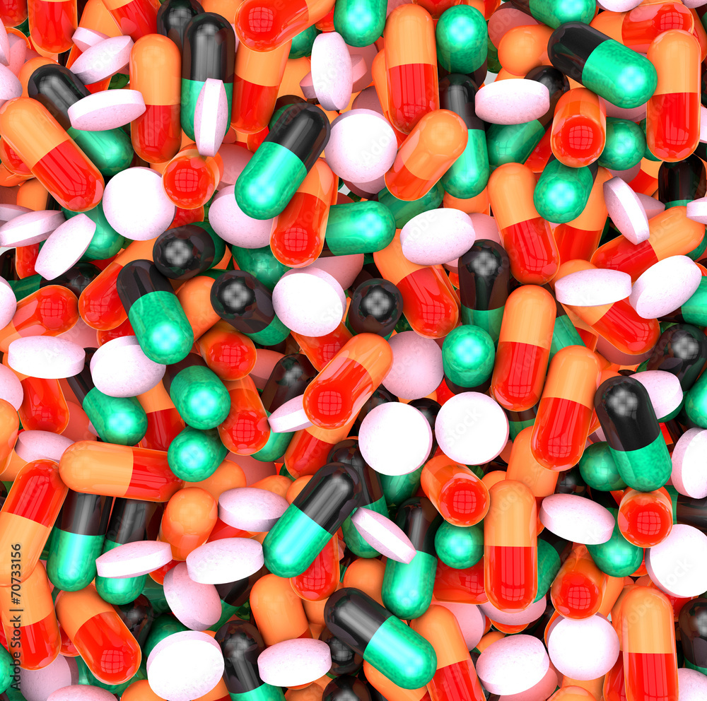 Many colorful medicines. Medical, pharmacy Background