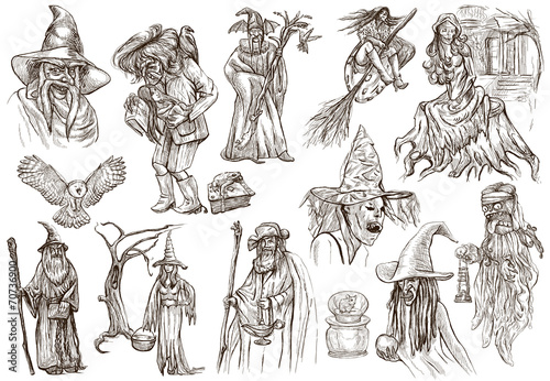 Halloween, Wizard and Witches - An hand drawn pack on white