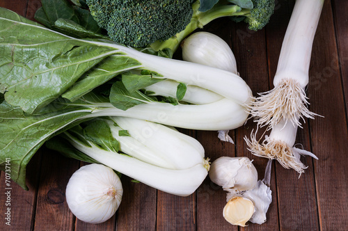 pok choy leeks, onion, broccoli and garllic photo