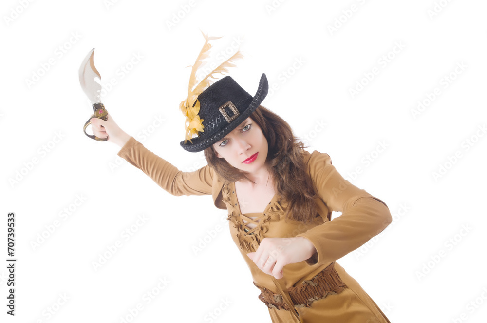 Woman pirate with knife on white Woman pirate with knife on white