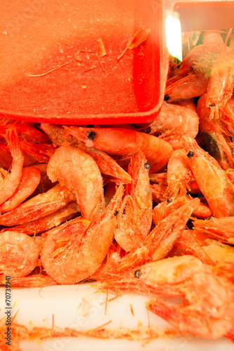 Shrimps fish market (Fisketorget) in Bergen, Norway photo