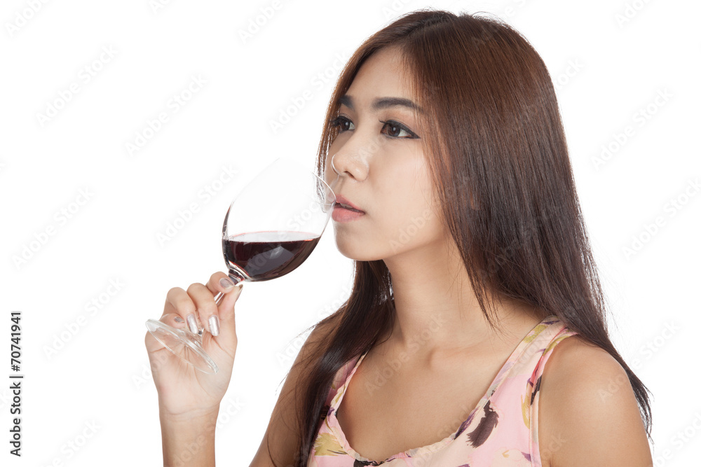 Beautiful Asian woman drink red wine Beautiful Asian woman drink red wine