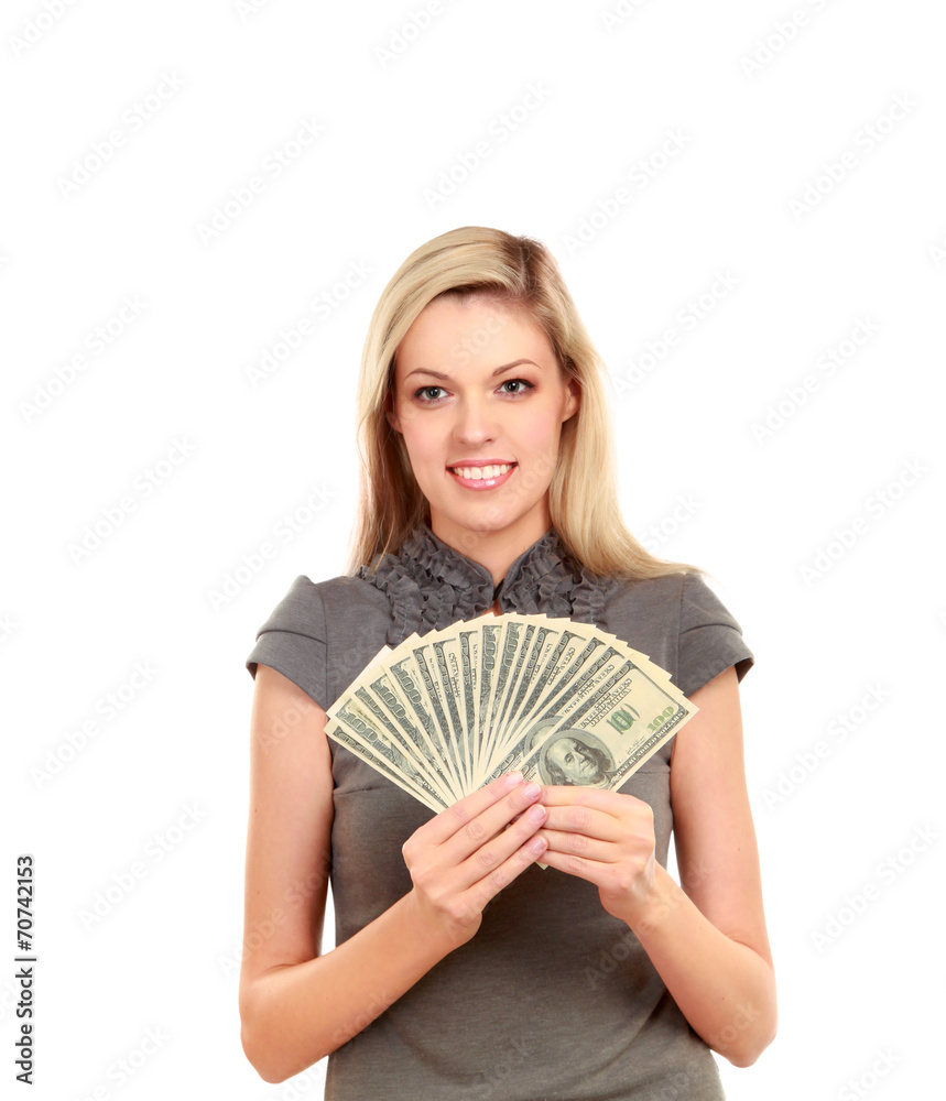 Young woman with dollars in her hands, isolated on white Young woman with dollars in her hands, isolated on white