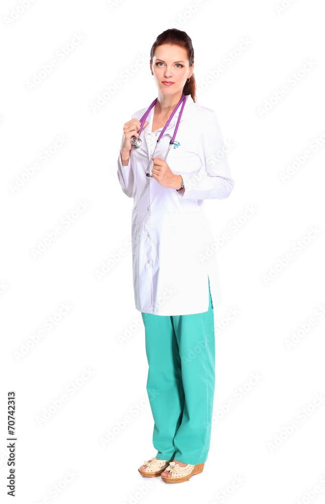 Portrait of young woman doctor with white coat standing in Portrait of young woman doctor with white coat standing in