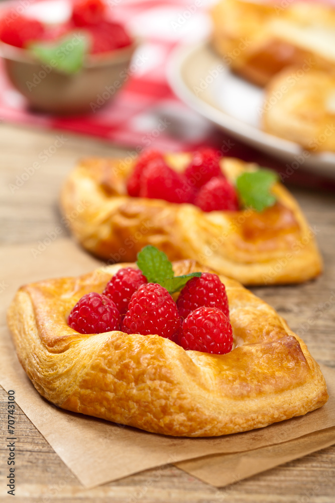 Raspberry pastries. Selective focus. Raspberry pastries. Selective focus.