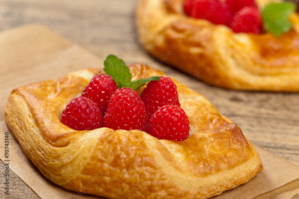 Raspberry pastries. Selective focus. Raspberry pastries. Selective focus.