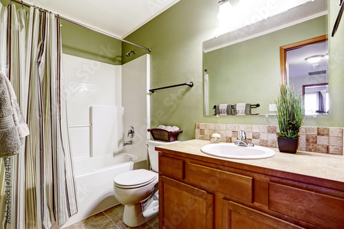 Bathroom cabinet with tile trim and decorative plant