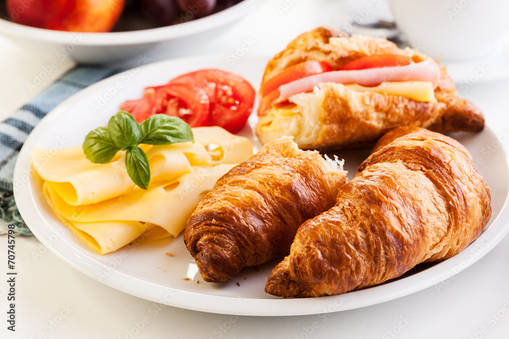 Breakfast witch croissant, cheese and hot coffee Breakfast witch croissant, cheese and hot coffee