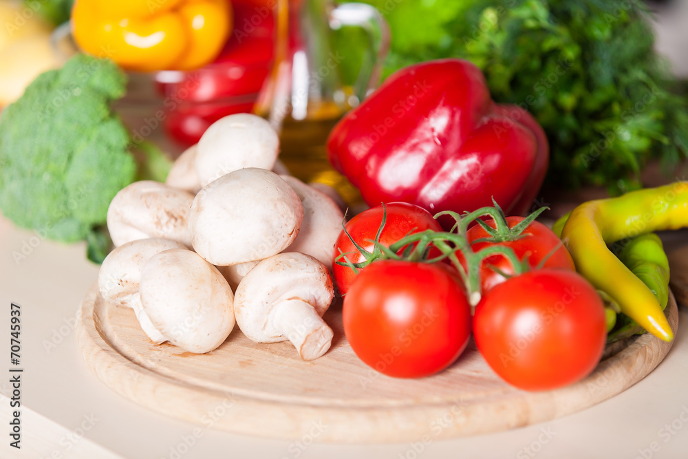 healthy foods are on the table in home kitchen