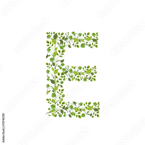 Spring green leaves. eco letter E