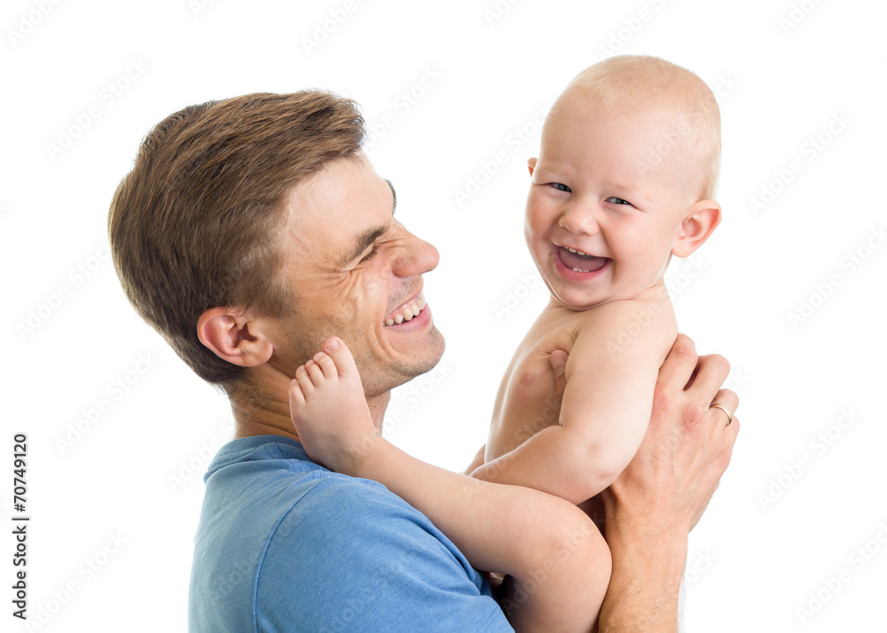 happy man holding baby son in his hands isolated on white