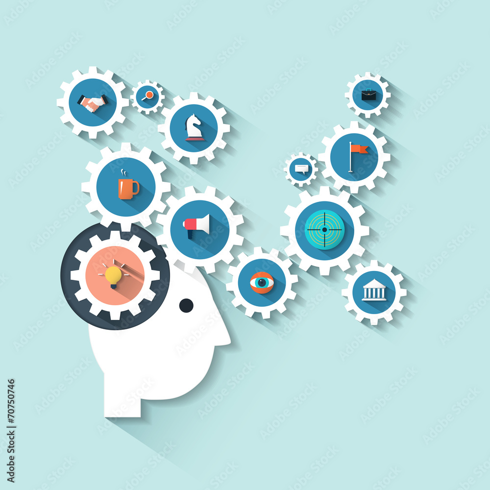Flat design. Illustration head with gears and icon Flat design. Illustration head with gears and icon