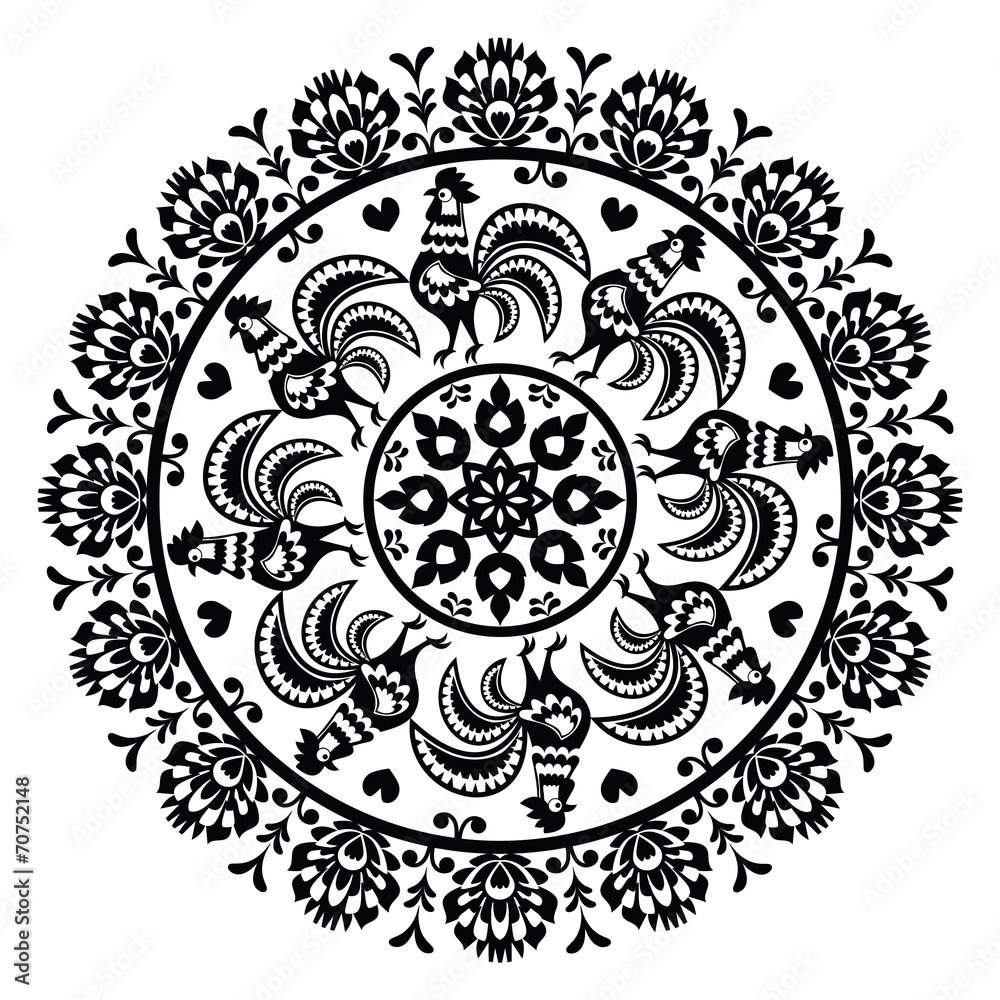 Monochrome Polish folk art pattern in circle - Wycinanka