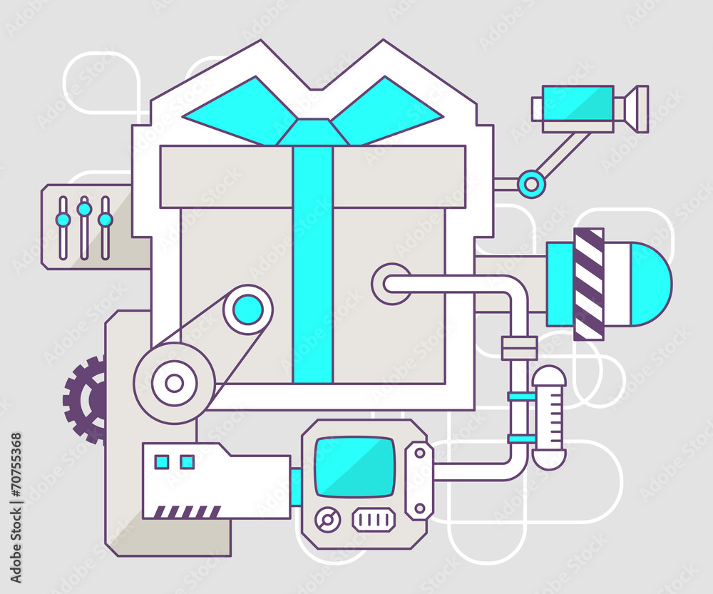 Vector industrial illustration of the mechanism of gift box with Vector industrial illustration of the mechanism of gift box with