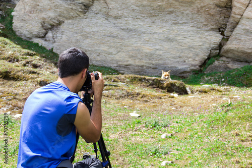 Ragazzo fotografa volpe in montagna