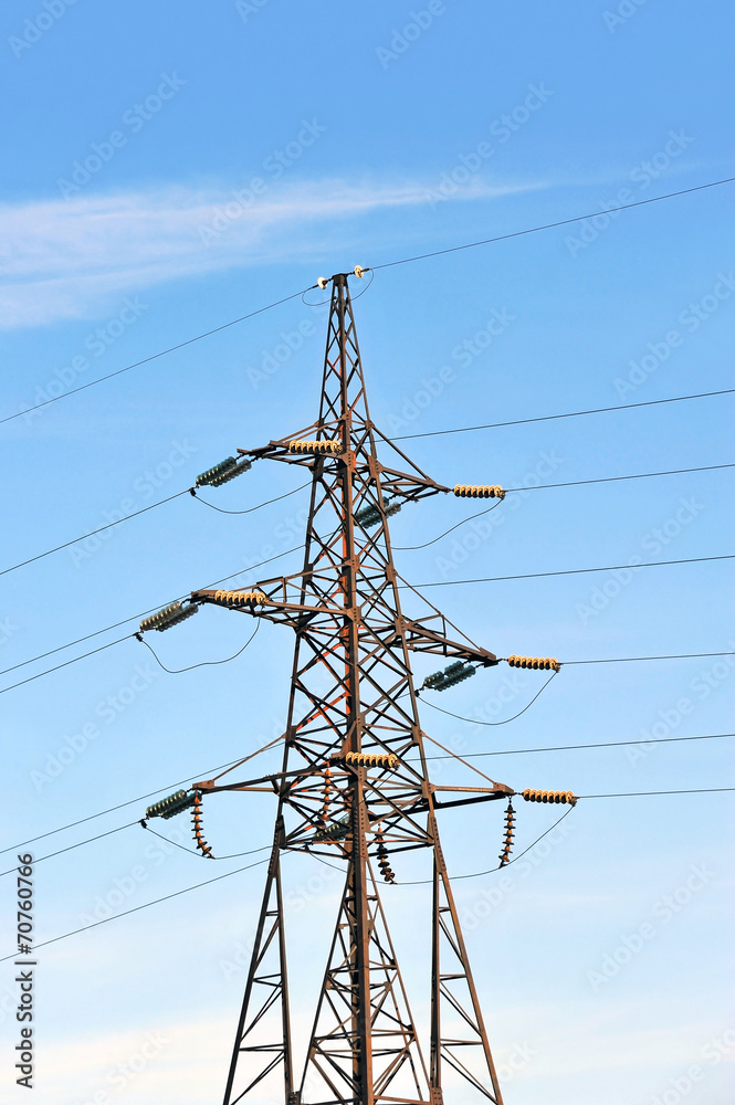 Electric lines pylon on blue sky background Electric lines pylon on blue sky background