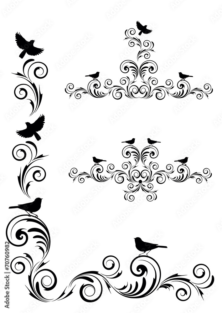 Vignette with birds and flowers