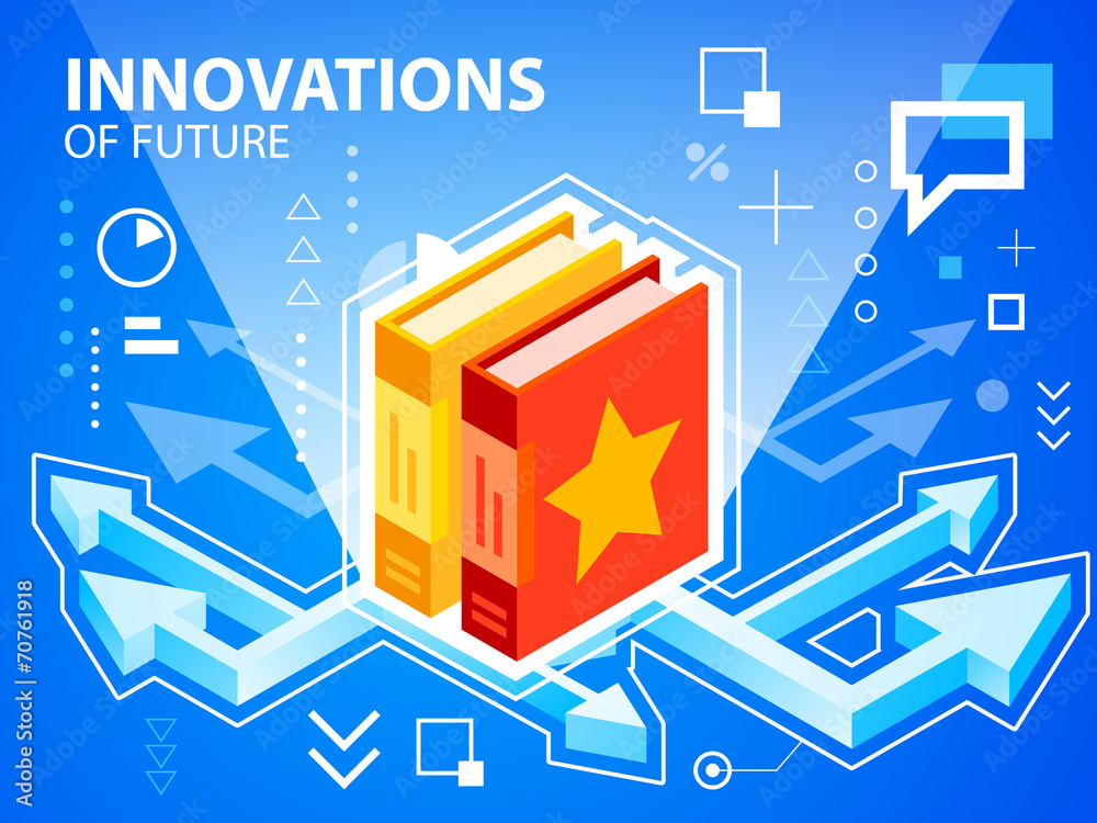 Vector bright illustration arrows and books on blue background f