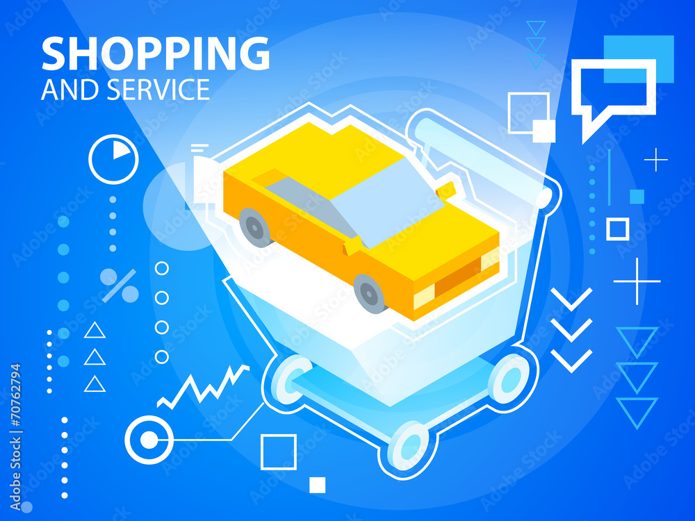 Naklejka premium Vector bright illustration shopping trolley and car on blue back