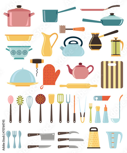 Set of kitchen utensil and collection of cookware icons