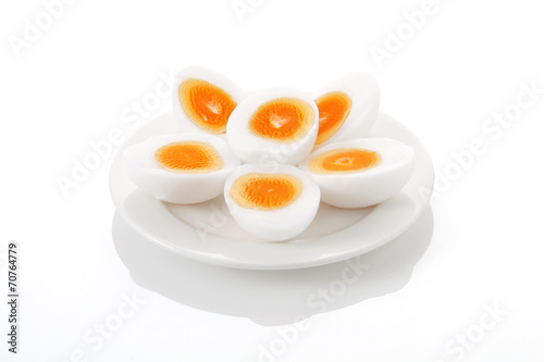 steamed egg in ceramic dish on white background