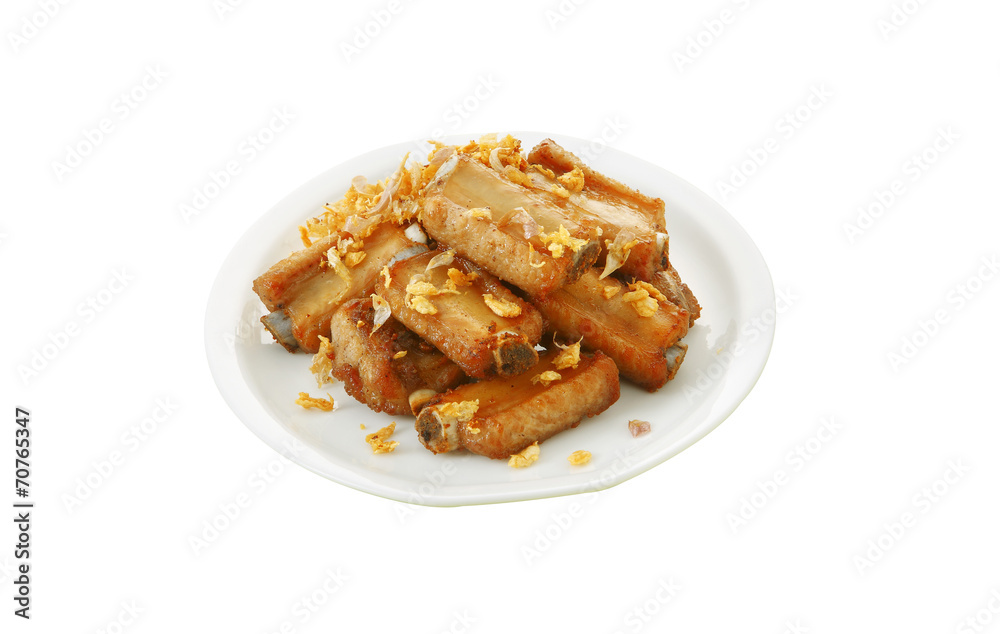 thai pork and garlic fried on white background thai pork and garlic fried on white background