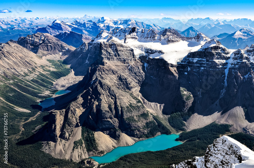 Mountain range view from Mt Temple with Moraine lake, Banff