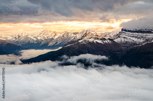Colorful sunrise with winter mountain range  Banff  Canada