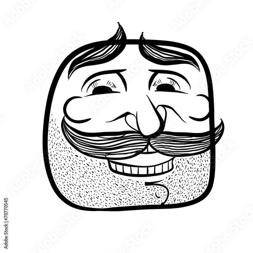 Happy cartoon face with mustaches, black and white vector illust