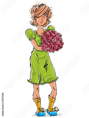 Bright vector full-length hand-drawn Caucasian teen with flowers