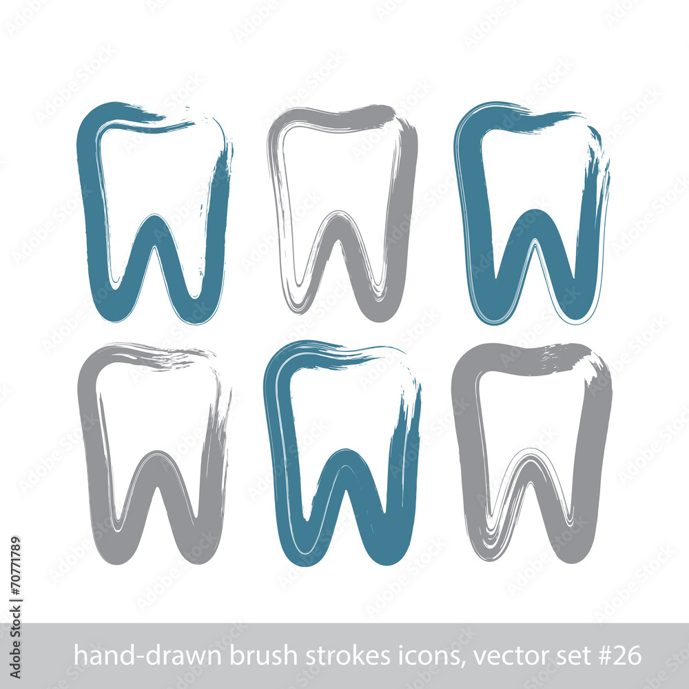 Set of stroke hand-drawn simple tooth icons, real ink brush draw Set of stroke hand-drawn simple tooth icons, real ink brush draw
