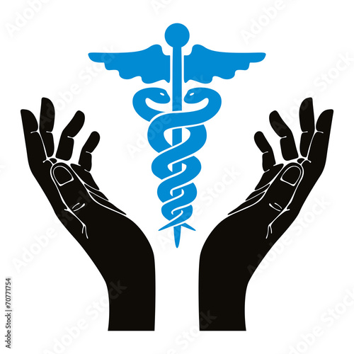 Hands with caduceus vector symbol.