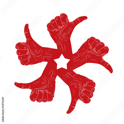 Five thumb up hand signs in round abstract symbol with pentagona photo