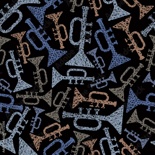 Musical theme seamless background, seamless pattern with trumpet