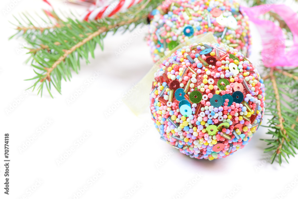 Christmas balls with green spruce