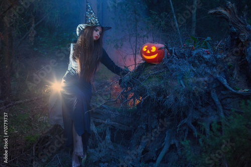Beautiful witch with a pumpkin in the magic forest