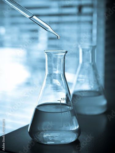 Laboratory research, Flask containing chemical liquid