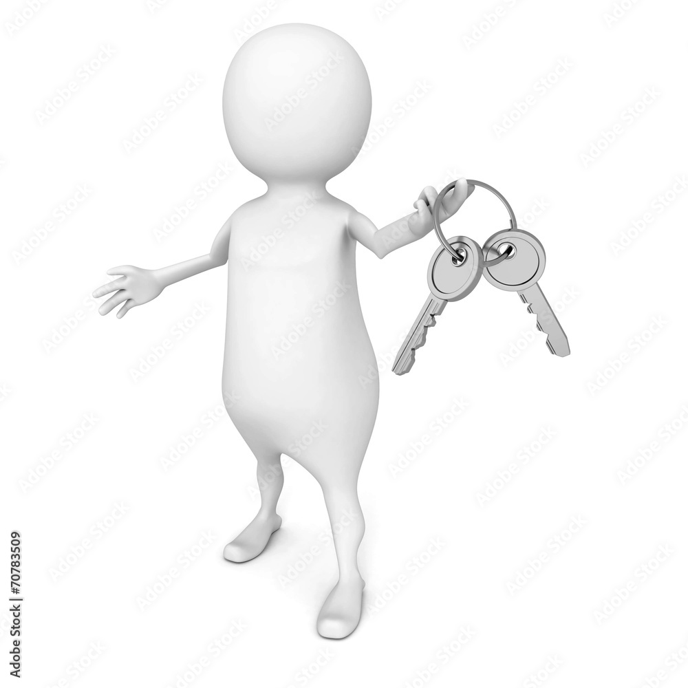 white 3d man holding bunch of metallic shiny keys white 3d man holding bunch of metallic shiny keys